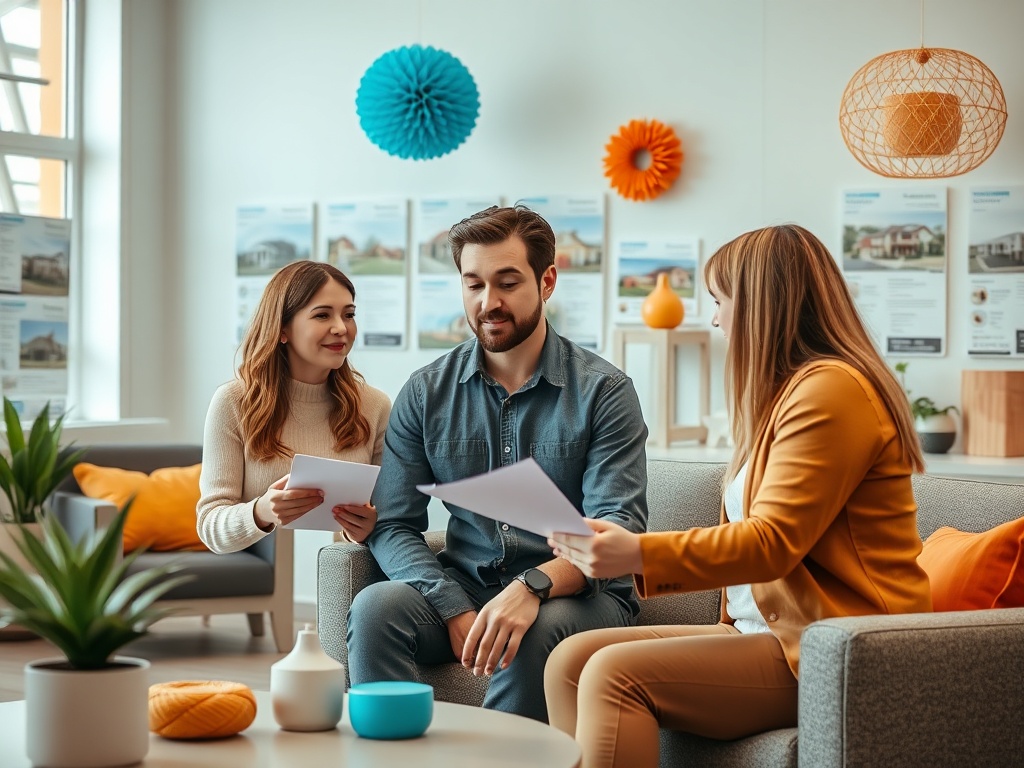 Три человека обсуждают документы в современном офисе с ярким декором и растениями.