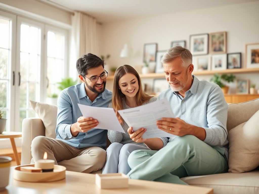 Трое людей сидят на диване, читают документы и смеются в светлой комнате с большими окнами.