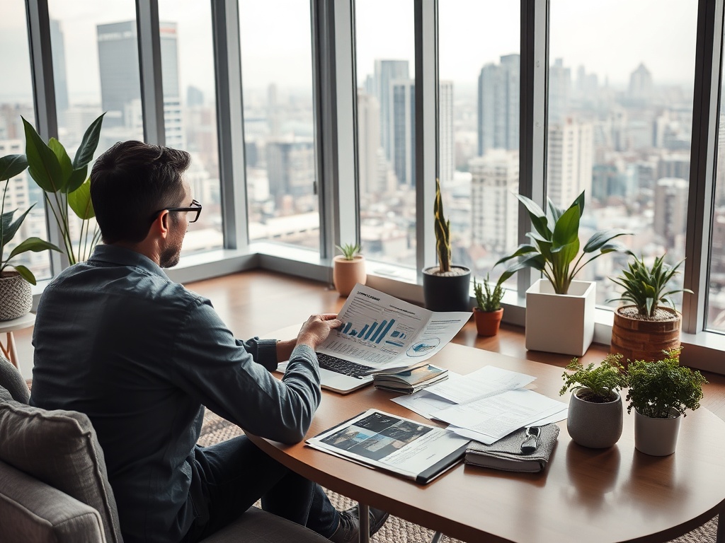 Человек в офисе с графиками и документами смотрит на город через большое окно. Растения на столе.