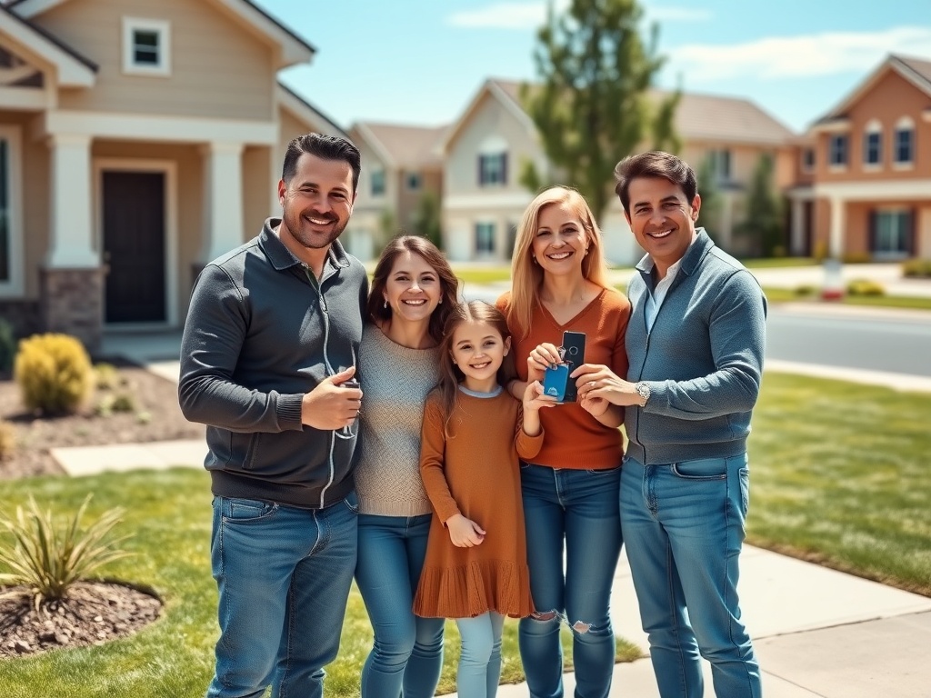 Счастливая семья позирует у нового дома, держа ключи и улыбаясь на фоне солнечного дня.