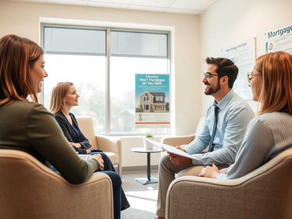 В офисе несколько человек обсуждают ипотечные кредитования, сидя в комфортабельных креслах.