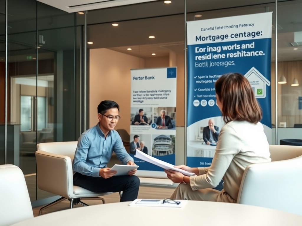 Два человека в офисе обсуждают документы, рядом рекламные баннеры о mortgage и банке.