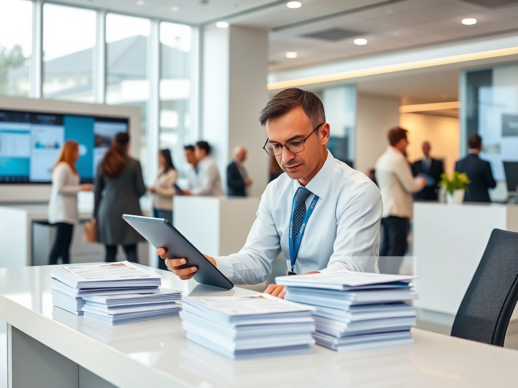 На картинке мужчина в офисе, работает с планшетом, вокруг него люди обсуждают. На столе стопки документов.