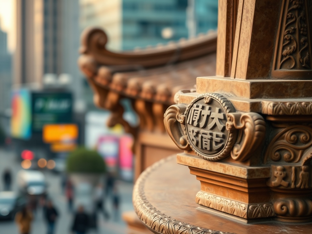 На изображении видно украшение на архитектурной детали с иероглифами на фоне городских пейзажей.