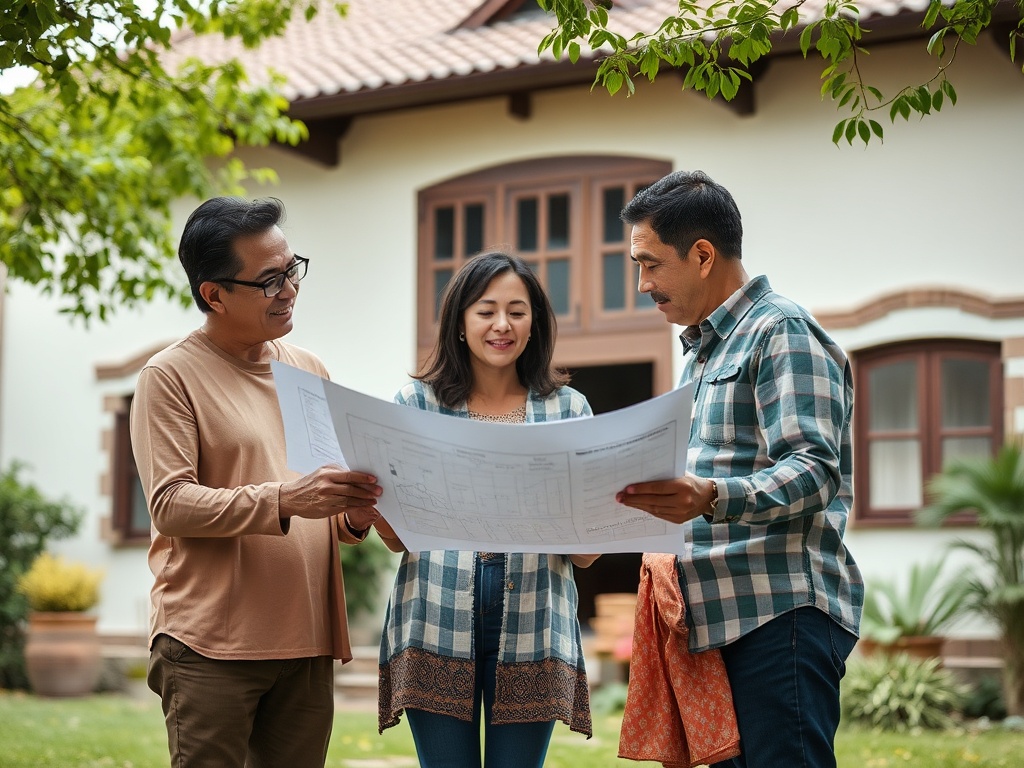 Трое людей обсуждают планы у дома, держа в руках чертежи и внимательно их изучая.