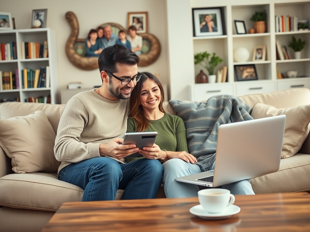 Молодая пара сидит на диване, улыбается и смотрит на планшет, рядом ноутбук и чашка кофе.