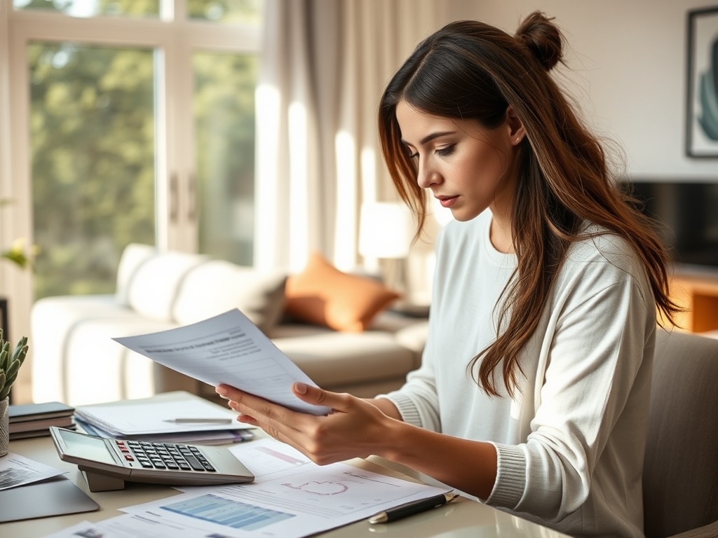 Женщина читает документы за столом, вокруг бумаги и калькулятор, в светлой уютной обстановке.