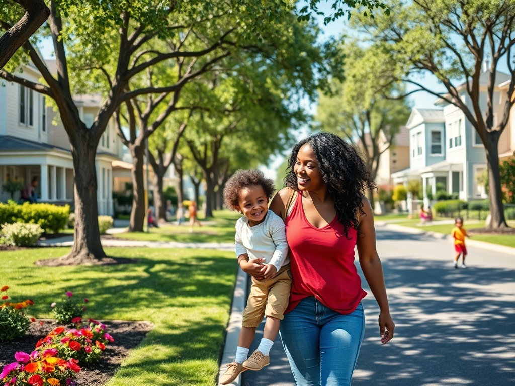 На улице мама гуляет с сыном, улыбаются, вокруг зелень и цветы, вдалеке играют дети.